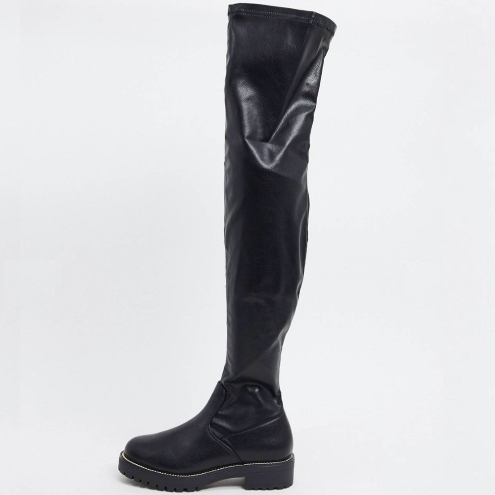 ASOS Design Kate Flat Over the Knee Faux Leather Black Boots - Size 6